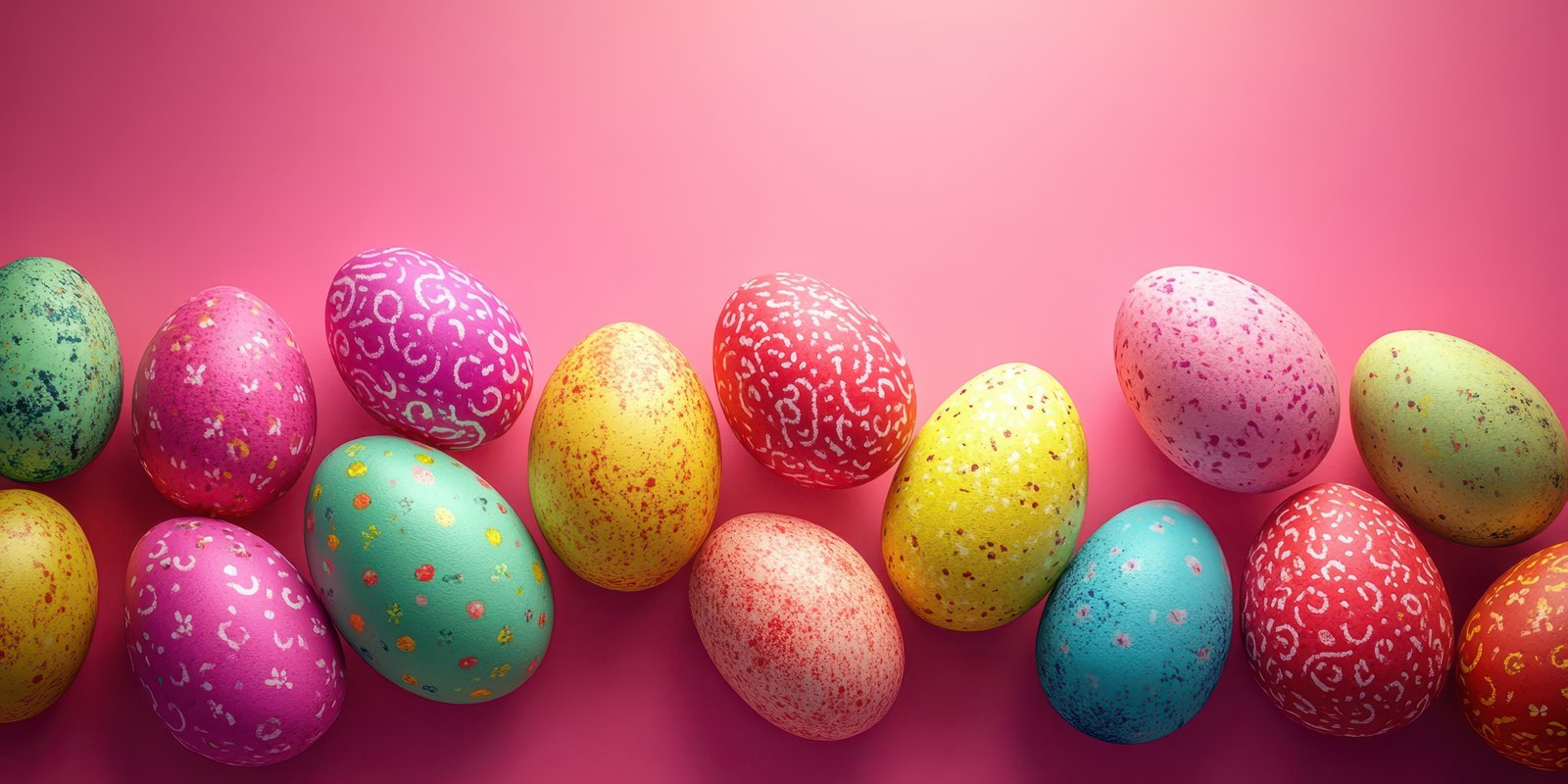 Colorful decorated eggs arranged on a vibrant pink background during an Easter celebration